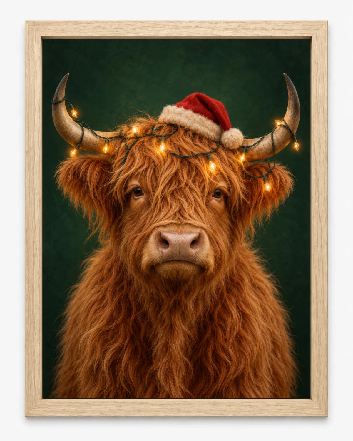 Joshimo Schotse Hooglander Kerstposter | Kerstmuts en Lampjes | Inclusief Lichtbruine A3 Lijst
