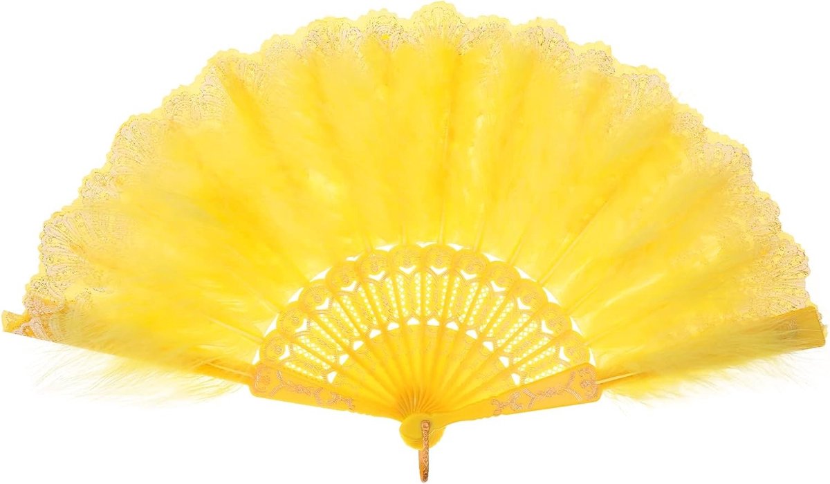 Vintage Handgeweven Marabou Veer Fan, 1920s Bloem Geborduurd, Flapper Hand Fan voor Kostuum, Halloween, Dansshow, Theeparty en Bruiloft Decoratie - Geel