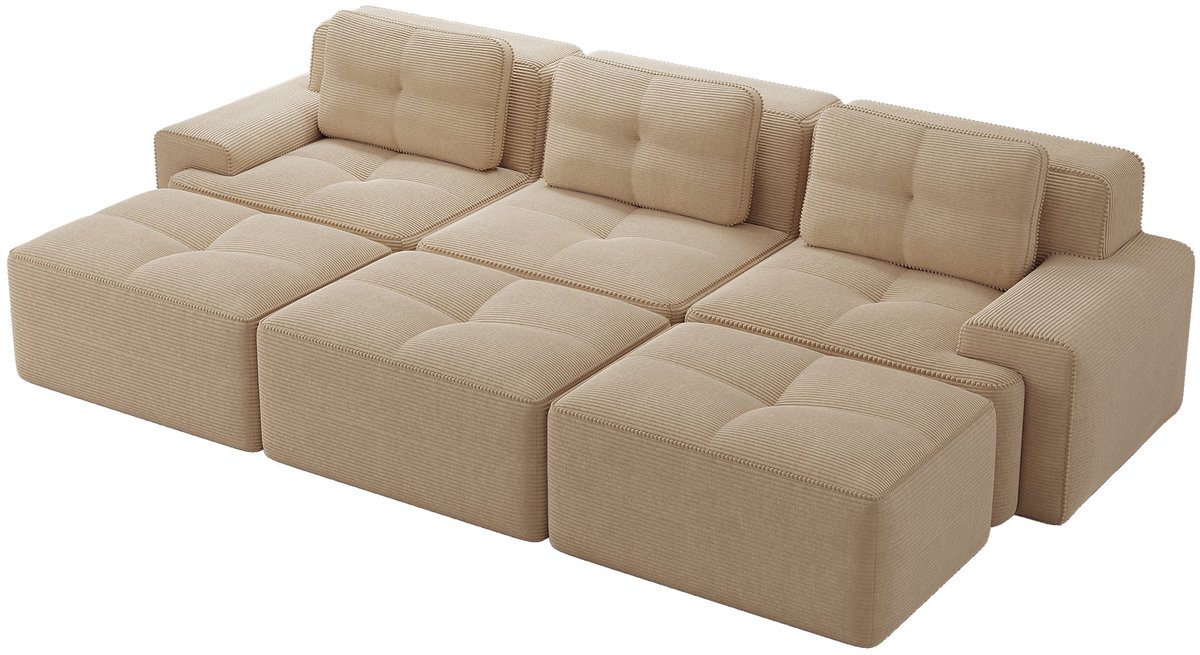 Merax U-Vormige Cloudbank 3-Zits - Beige Ribstof Bank 293 cm - Modulaire Loungebank met 3 Hockers - Slaapfunctie - Diepe Zitting - Geen Montage Nodig