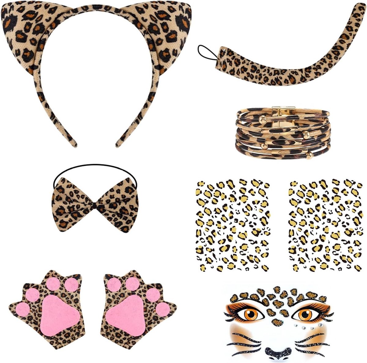 Leopard kostuumaccessoires set met haarband, strik, staart, handschoenen en stickers voor feestjes