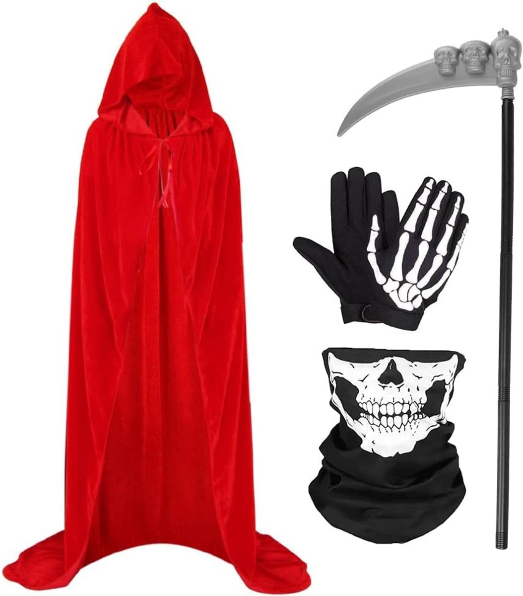 Halloween Kostuum Unisex Cape met Kap 150 cm Rood, inclusief Skelet Handschoenen en Masker voor Feest en Rollenspel