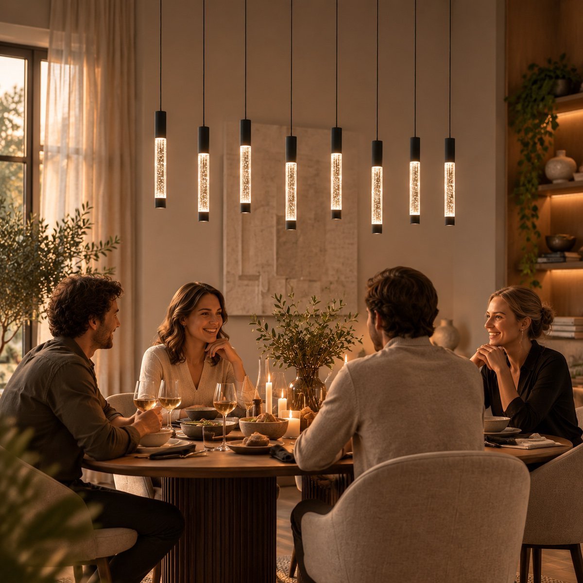 Hanglamp Alisio 4580ZW, 8-lichts zwart met handgeblazen glas, hoogte verstelbaar, Steinhauer