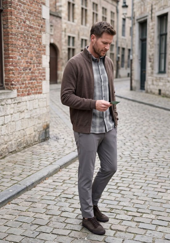 Man met bruin vest, grijs geruit overhemd en grijze chino, kijkend naar een ticket.