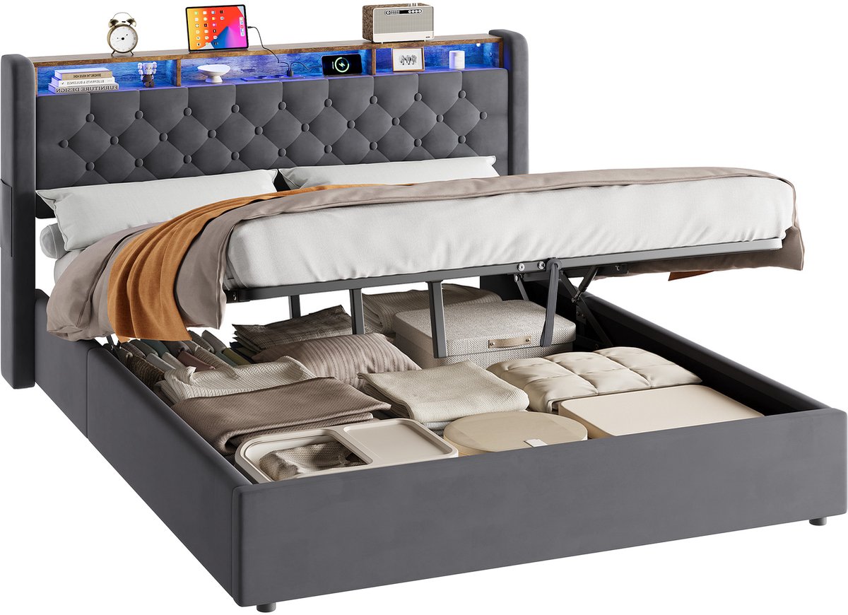 DESMIU Gestoffeerd Bed 160x200cm - Comfortabel Slaapbed Met Stevig Frame En Ruime Slaapplaats - Voor Slaapkamer - Modern Stijl - Grijs - Zonder Matras