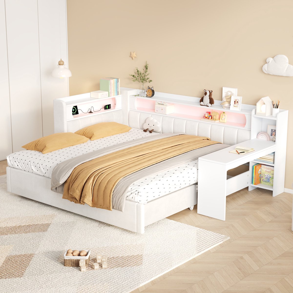 REDOM - Bedbank met uitziehbed en bureau - LED-verlichting - USB-aansluiting - Stoffen bekleding - Slaapkamer - MDF en hout - Wit - 243,5 x 188,5 x 93,5 cm