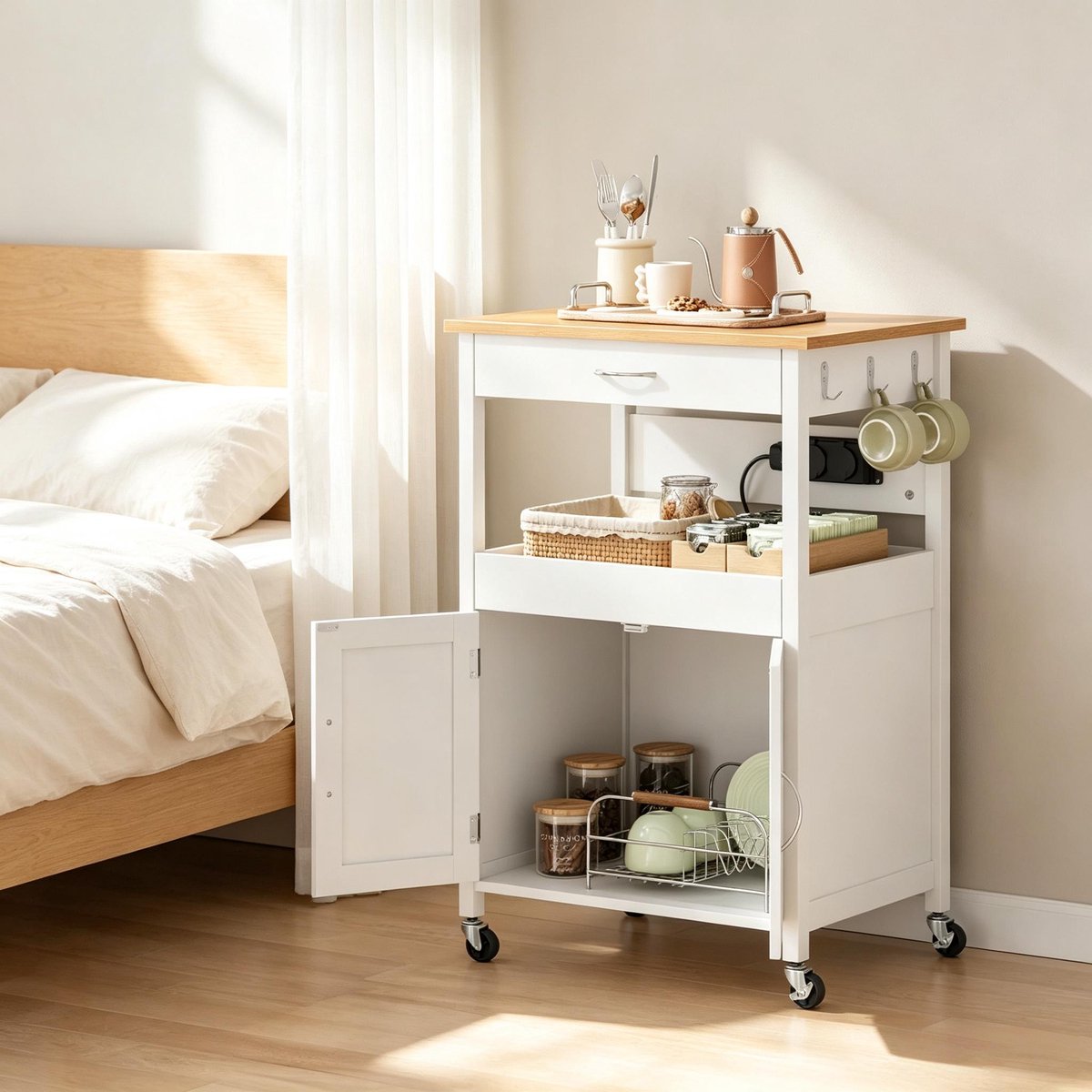 Keukenwagen Met Wielen En Stopcontacten - Multifunctionele Opbergruimte Voor Keuken En Woonruimte - MDF - Wit - 60x45x92 Cm