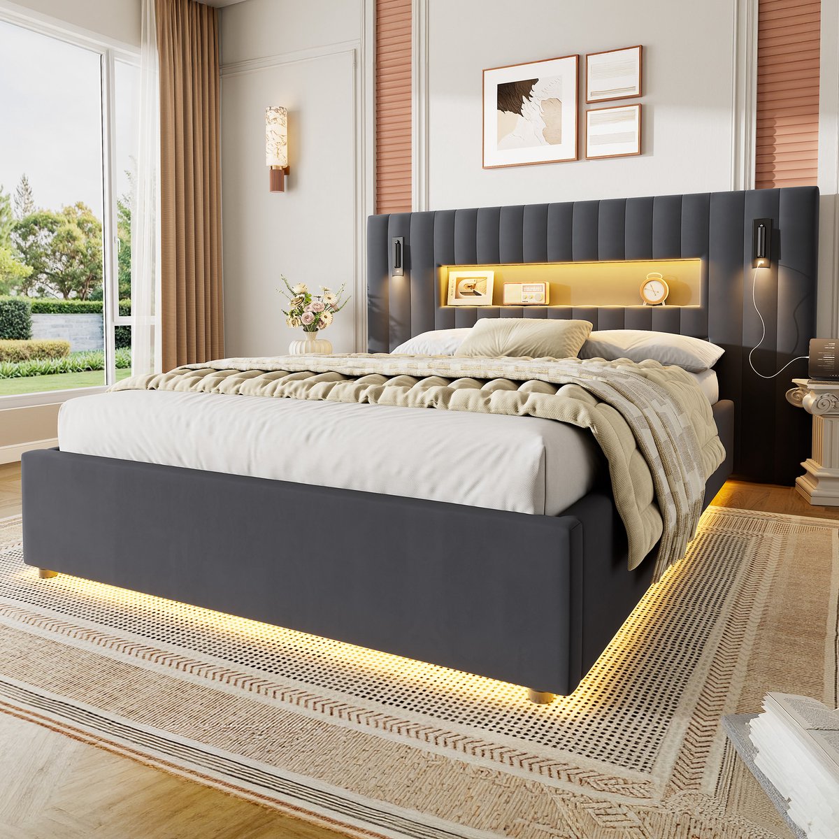 STILVORA Tweepersoonsbed - Hydraulische Opbergruimte Met Leeslampen En USB - 140 x 200 cm - Fluweel - Donkergrijs - Verstelbaar Hoofdbord