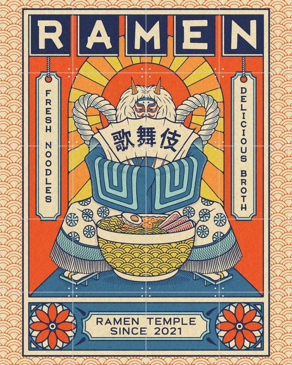 IXXI Ramen Temple Kabuki, Ryan Ragnini - 80 x 100 cm - Gratis ophangtool - Grote wanddecoratie en posters - Pop art, Illustraties, Grafisch Ontwerp