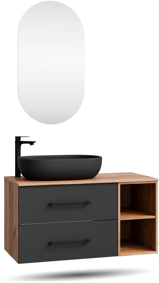 Planetmöbel LUX - Badkamermeubelset 100 cm - Goud eiken en antraciet - Met zwarte opzetwastafel 60 cm - Met LED-spiegel