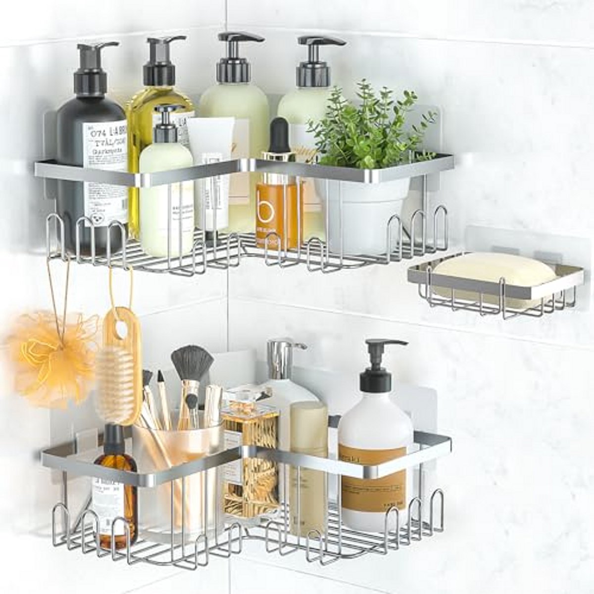 Doucherek Hoek 3 Stuks - RVS Badkamerplank Zonder Boren - Zelfklevend - Met Zeephouder - Shampoo en Douchegel Organizer