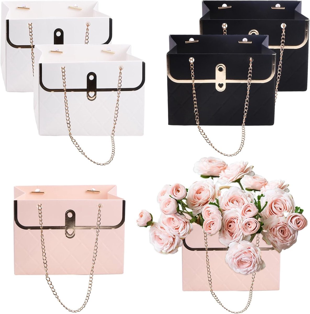 Cadeautasjes voor bloemen, papieren zakken en bloemendozen met metalen ketting - Boekettassen voor bloemisten en gastgeschenken voor bruiloften en feesten