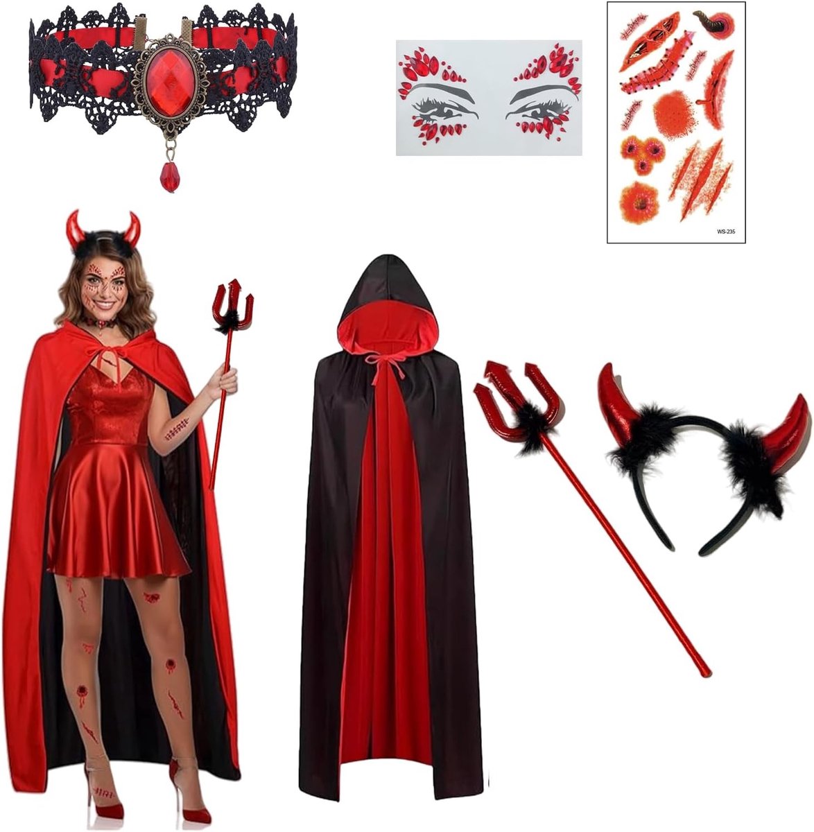 Demonen Kostuum met Cape voor Carnaval en Halloween, Inclusief Hoofdband en Ketting, Perfect voor Feestjes en Themafeesten