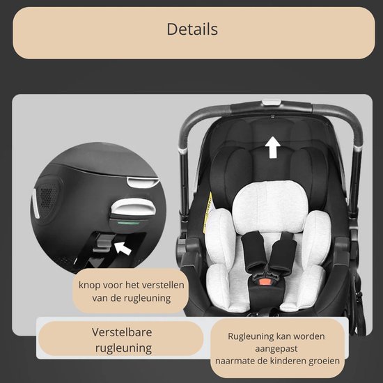 Close-up van de zwarte kinderwagen met verstelbare rugleuning en mechanisme, met witte kussens en zwarte gordels.