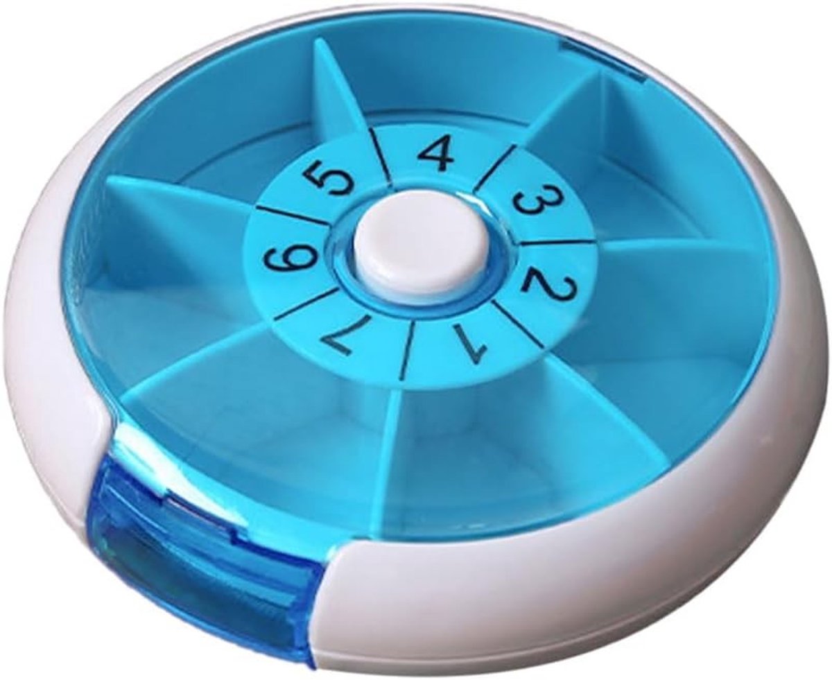Rotating Pill Box met 7 Compartimenten - Handige Medicijnopslag voor Weekelijkse Dispenser, Ideaal voor Tablets en Supplementen, Blauw