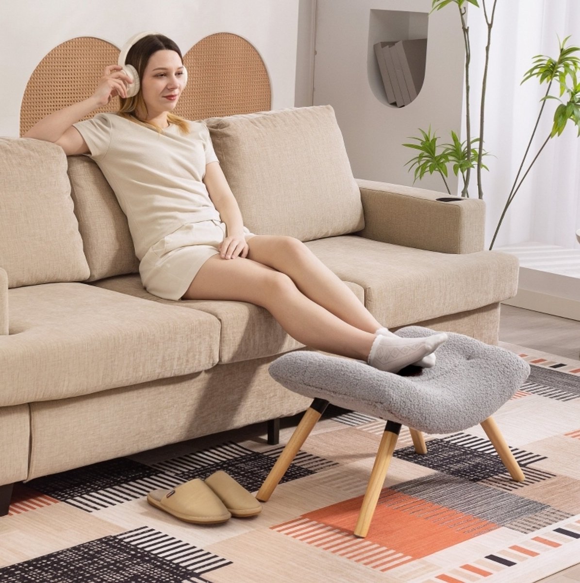 MODFU - Voetenbankje - Zitting En Voetsteun - Modern - Stof - Lichtgrijs - 67 X 45 X 38 Cm