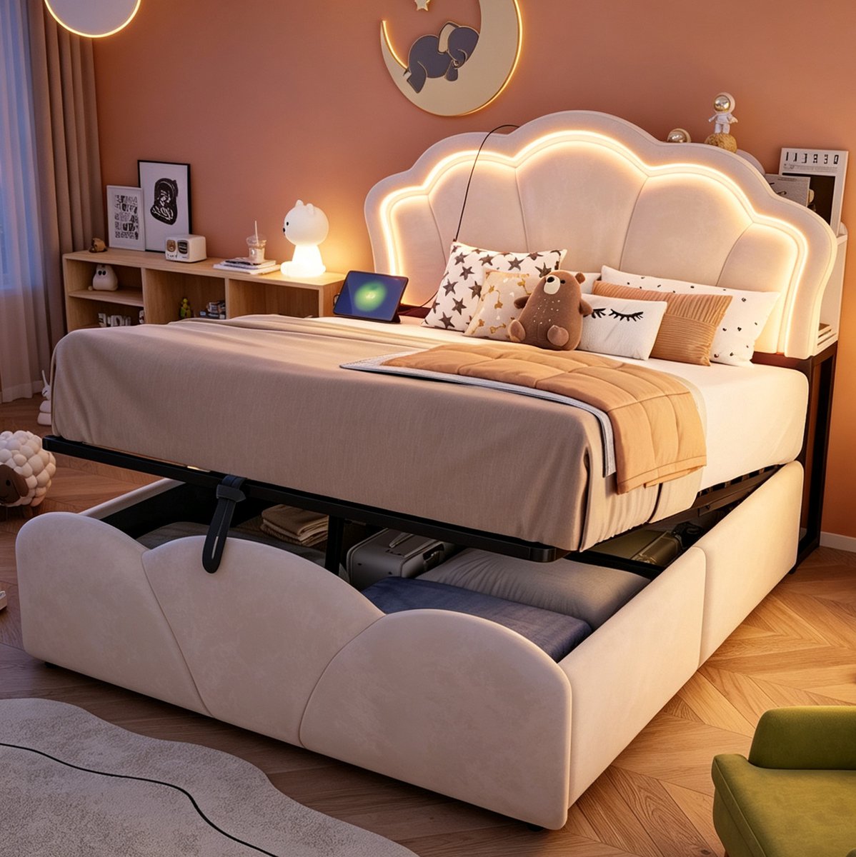 Gestoffeerd Bed 140x200 cm Zonder Matras - Bedframe Met Opbergruimte, LED-Verlichting, Hoofdbordvakken En Stopcontacten - Fluweel - Beige
