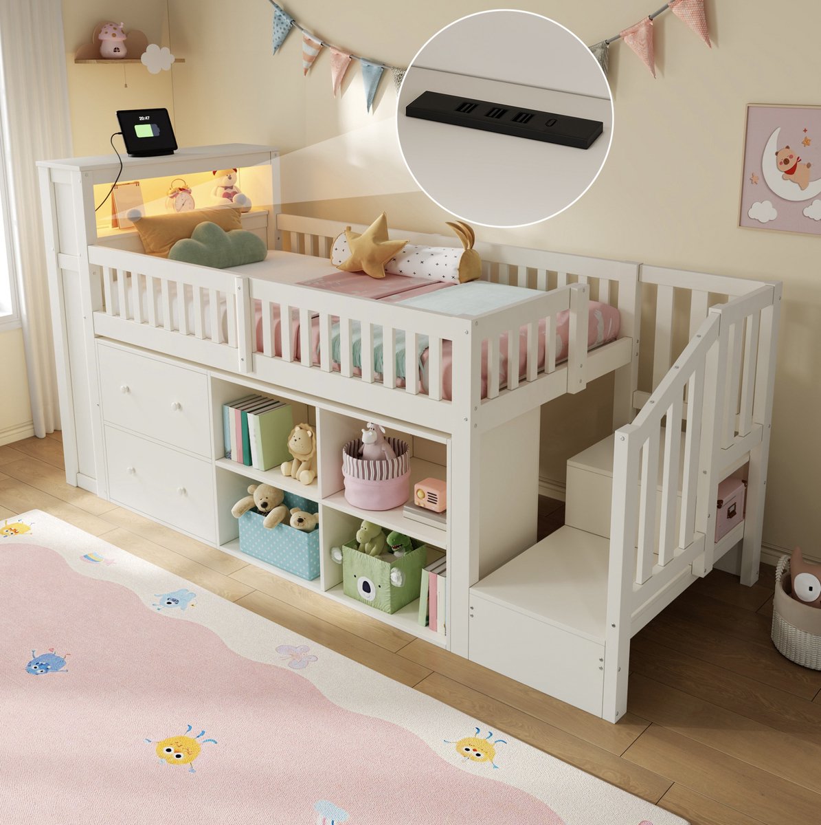 Halfhoogslaper 90x200 cm - Met Opbergruimte, Bedlade, Ladderkast en Ledverlichting - Voor Kinderkamer - Hout en MDF - Wit - Zonder Matras