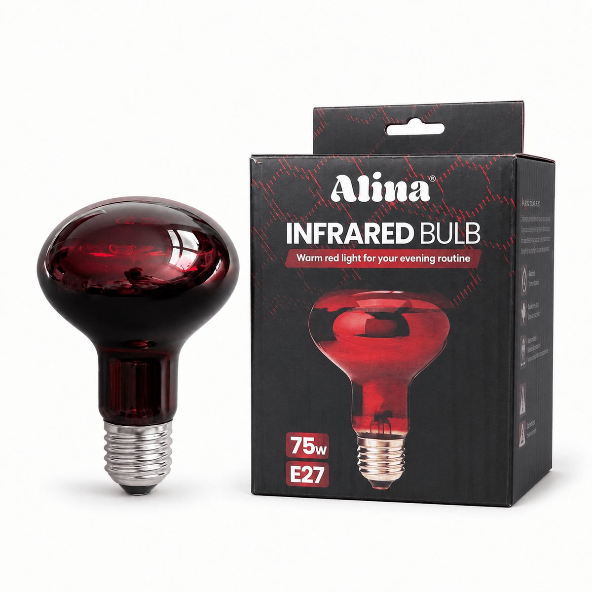 Alina Infraroodlamp E27 – Roodlicht en Infrarood Warmtelamp voor Ontspanning en Herstel – Flikkervrij en Low EMF – 630 nm tot >3000 nm – 75W