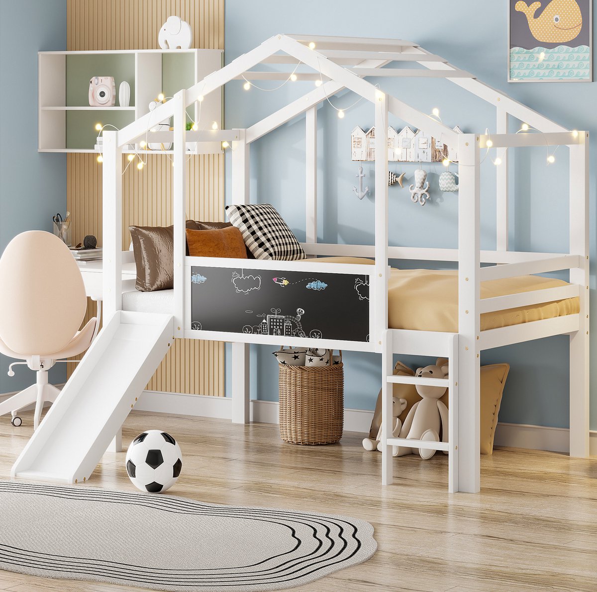 COVREO Kinderbed met glijbaan en ladder – 90x200 cm – Hoogslaper met krijtbordpaneel – huisbed voor kinderkamer – Wit - zonder matras