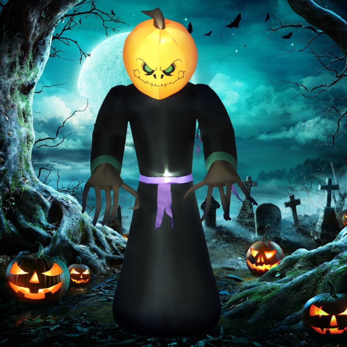 Opblaasfiguur Opblaasbaar 210 Cm Pompoengeest Met Led Verlichting Polyester Zwart Oranje Voor Halloween Binnen En Beschut Buiten