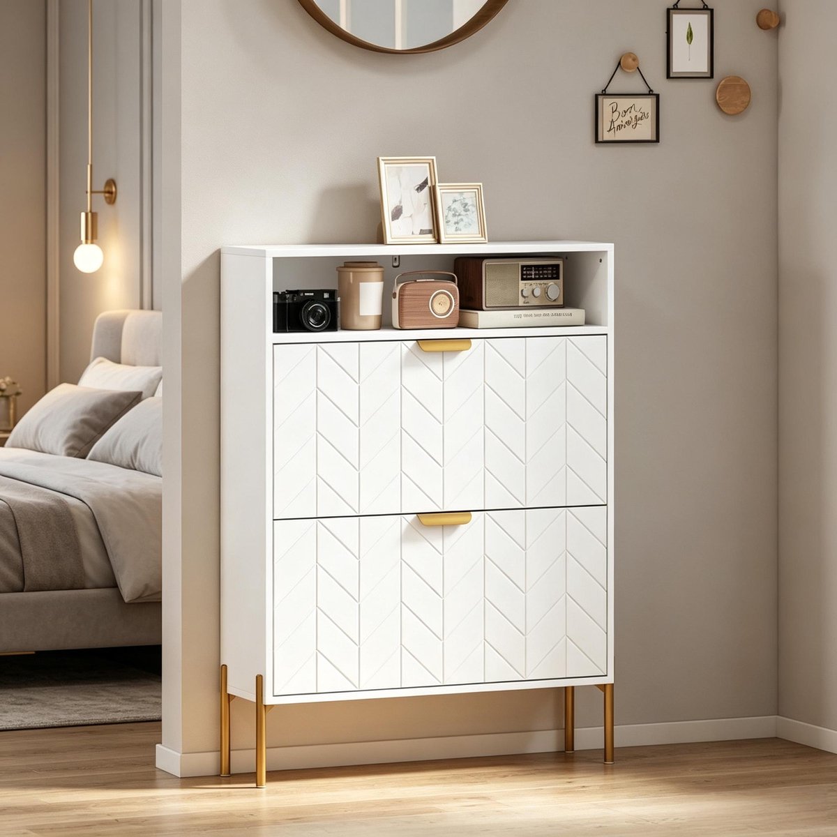 REDOM - Schoenenkast - 2 kleppen en open vak - Slank design - Modern - Hal - MDF en spaanplaat - Wit - 80 x 23,7 x 110 cm
