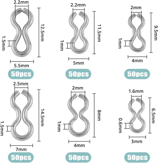 300 Stuks 6 Stijlen 304 RVS Vissen Loodogen 1.6~2.5mm DIY Vissersaas Oogjes Zilver 8-Vormige Lussen en Swivels voor Gewichten en Aas Accessoires — afbeelding 5