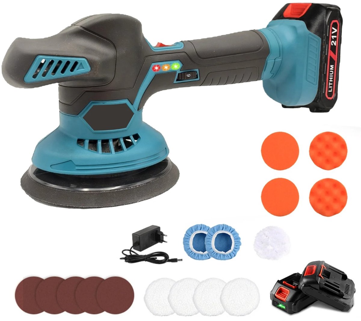 GDE - Accu Polijstmachine voor Auto - Draadloze Autopoetsmachine - 21 V - 6 Snelheden - 6.000 RPM - Accu - Oplader - Polijstpads