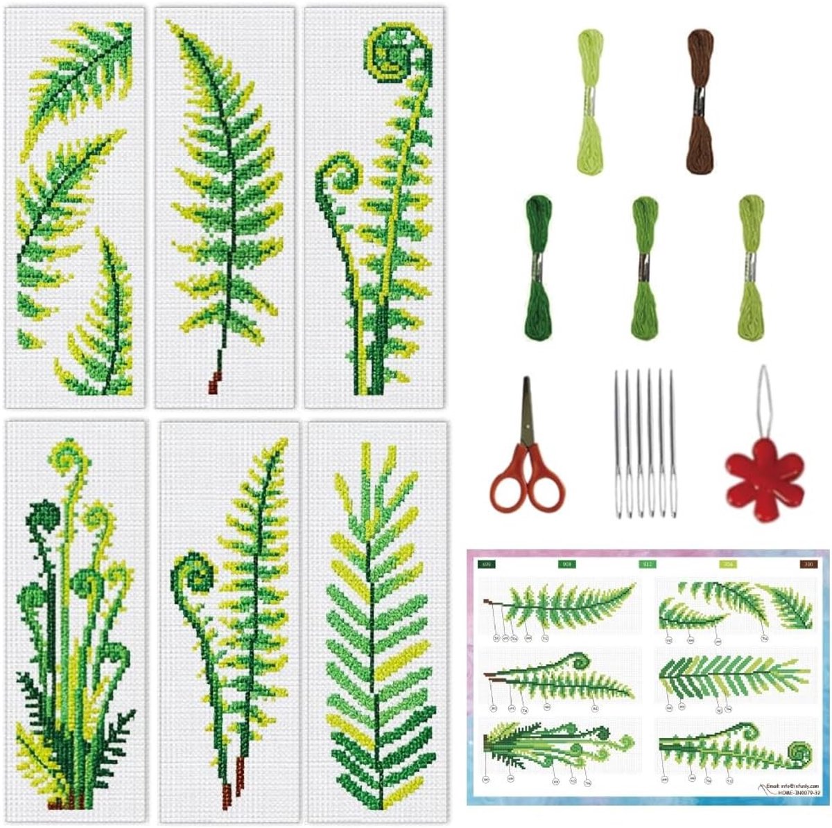 6-delige Fern Cross Stitch Bookmark Kit met Groene Bladeren - DIY Borduurset voor Beginners en Volwassenen, Inclusief Voorbedrukte Plant en Instructies, 20cm x 6cm
