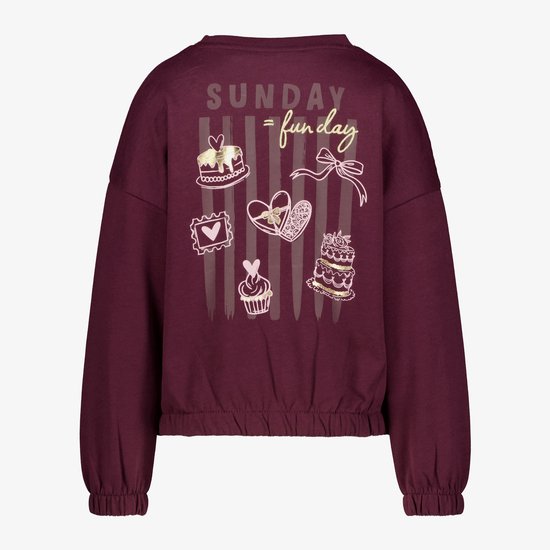 Bordeauxrode sweater met opdruk 'Sunday = fun day' met taarten, strikken en hartjes.