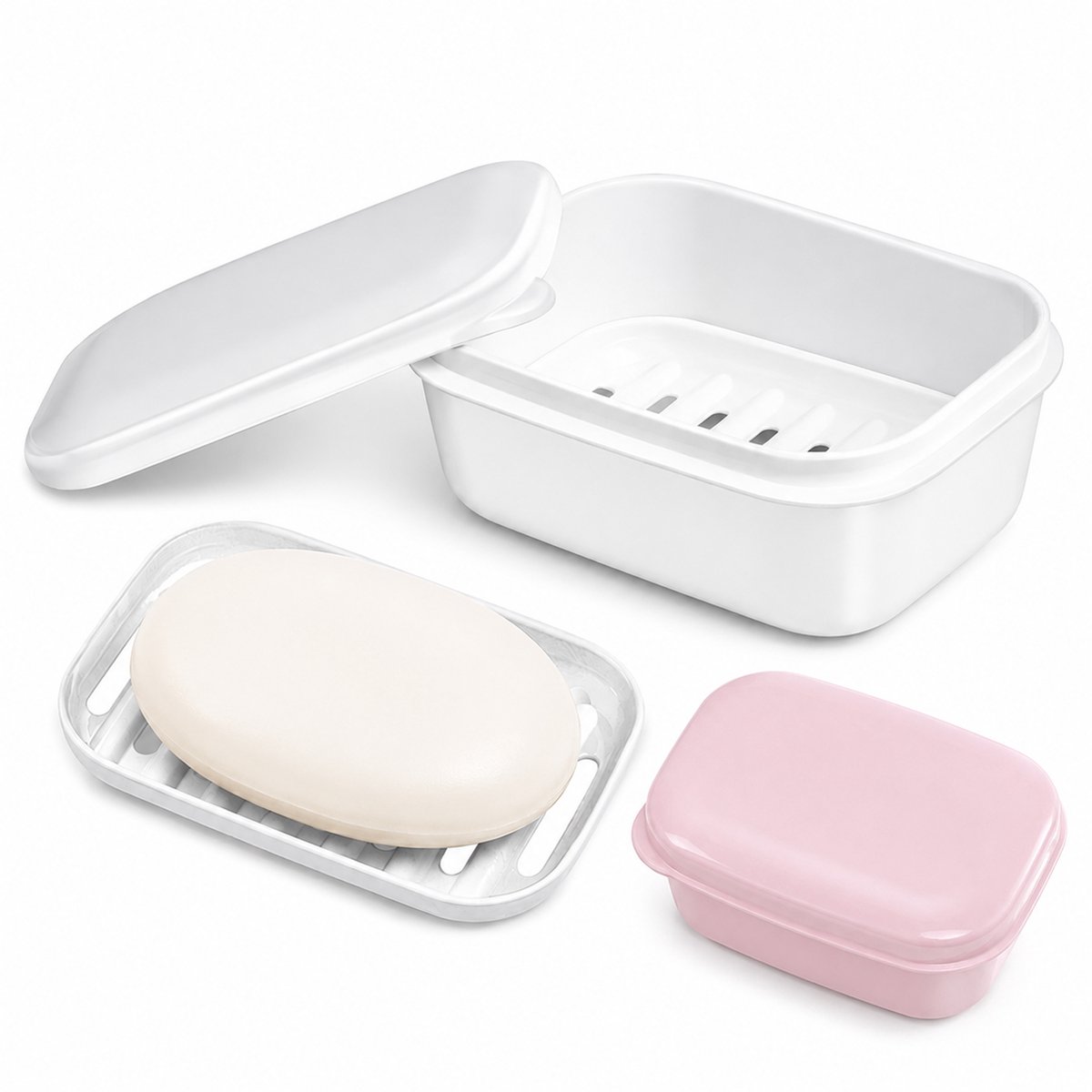 Kaiyaya - 2 stuks Zeepbakje met deksel - Wit en roze - Met waterafvoer - BPA-vrij kunststof - Voor badkamer en reizen