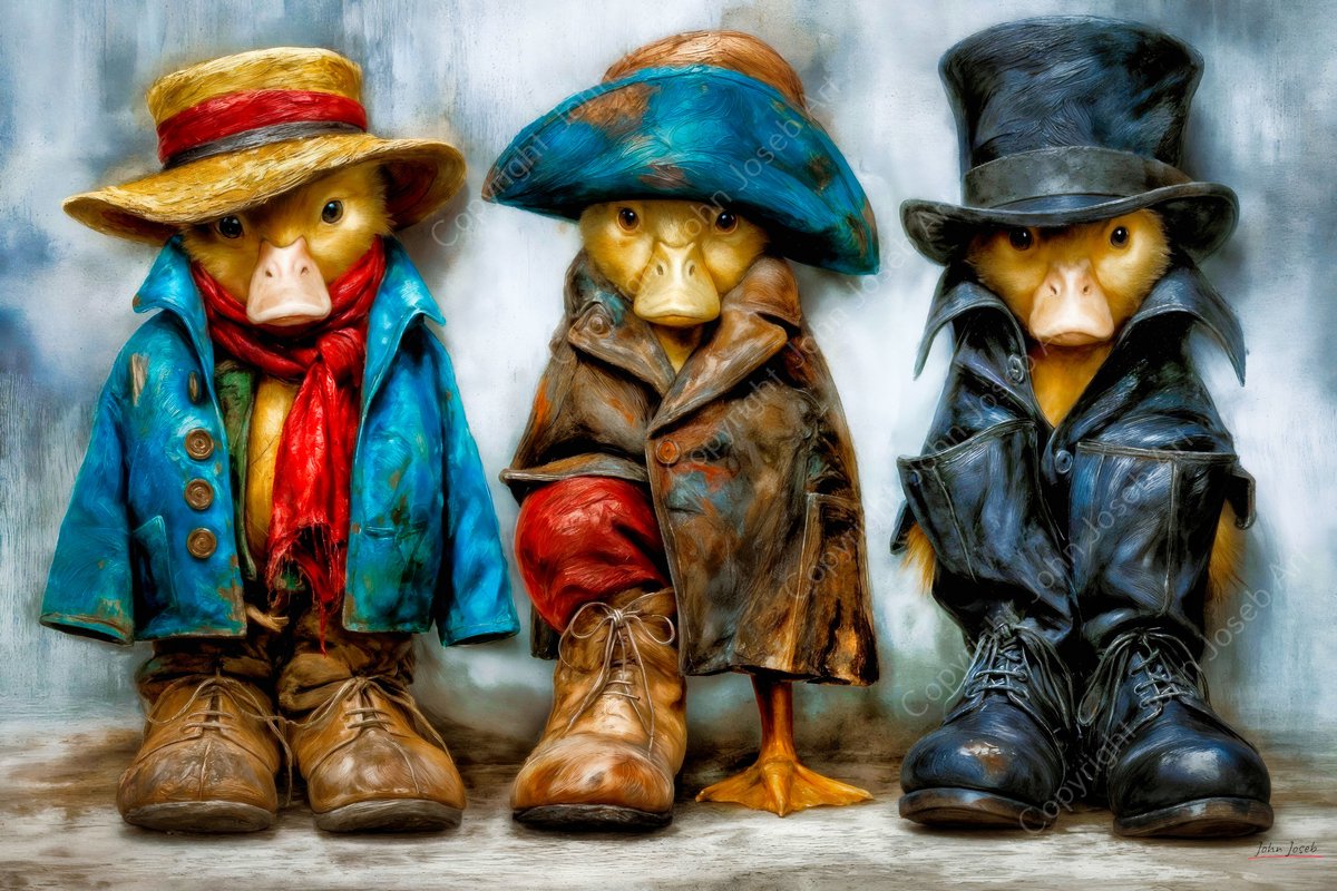 John Joseb Art (Glas) 120x80 | Grappige eenden kuikens in te grote schoenen en kleding, humor, kleding, vogel, dier, eend, kuiken, kleurrijk, kunst, bruin, rood, blauw, modern | Foto-schilderij-glasschilderij-acrylglas-acrylaat-wanddecoratie