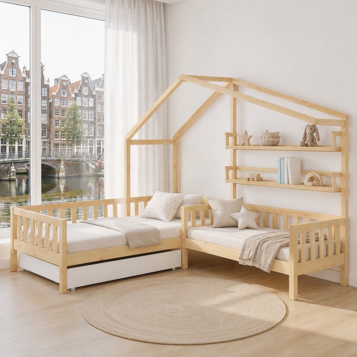 L-Structuur Kinderbedhuis met Schubladen, Regalen en Lattenbodem - 90x200 cm + 140x70 cm, Natuur Hout