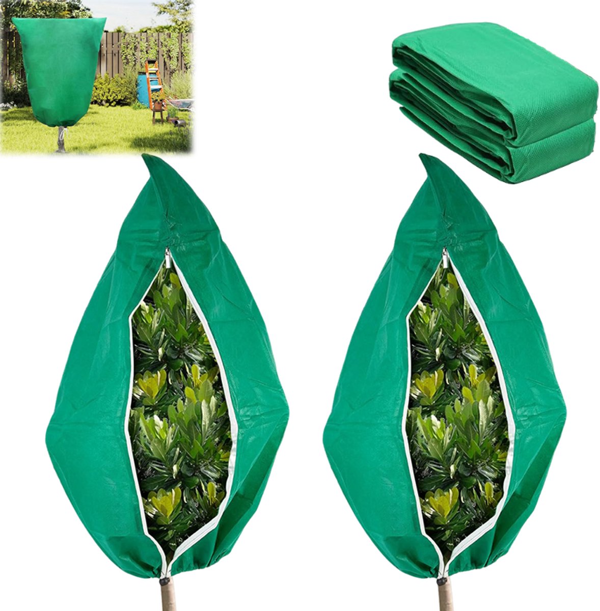 2 stuks - Planten beschermhoes - Plantenhoes met trekkoord - Plantenhoes 120 x 180 cm - Groen - Beschermhoes met trekkoord en ritssluiting - beschermt planten tegen vorst, wind en dieren