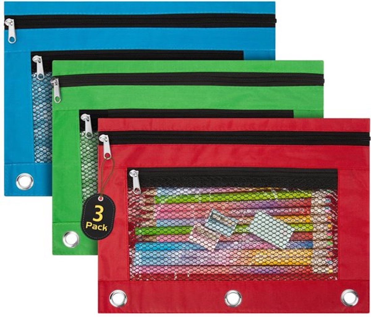 VT Goods - Potlood Pouch - 3 Pack - Duurzaam en Ruim - Rood Groen Blauw