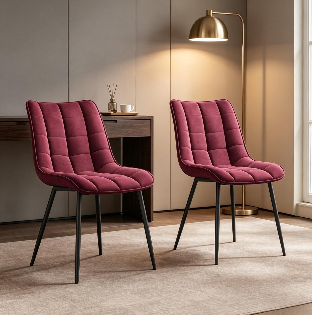 HAUSS SPOLE Eetkamerstoel Set Van 2 - Wijnrood Fluweel - Modern Design Met Comfortabele Zitting En Stabiele Metalen Poten - Voor Eetkamer En Werkplek