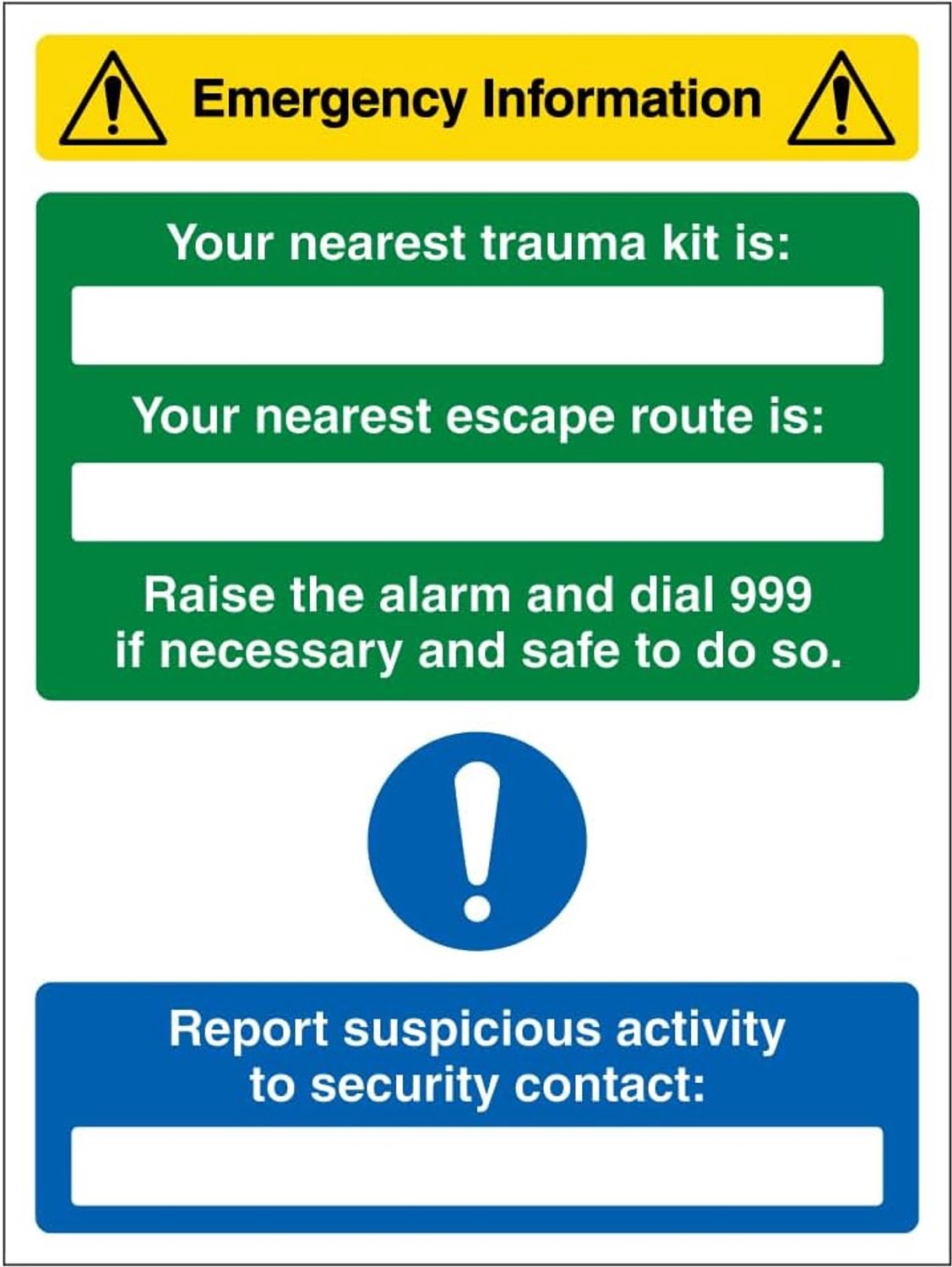 Information - Dichtstbijzijnde Trauma Kit/Ontsnappingsroute is 300 x 400mm - 1mm stijf plastic veiligheidsteken