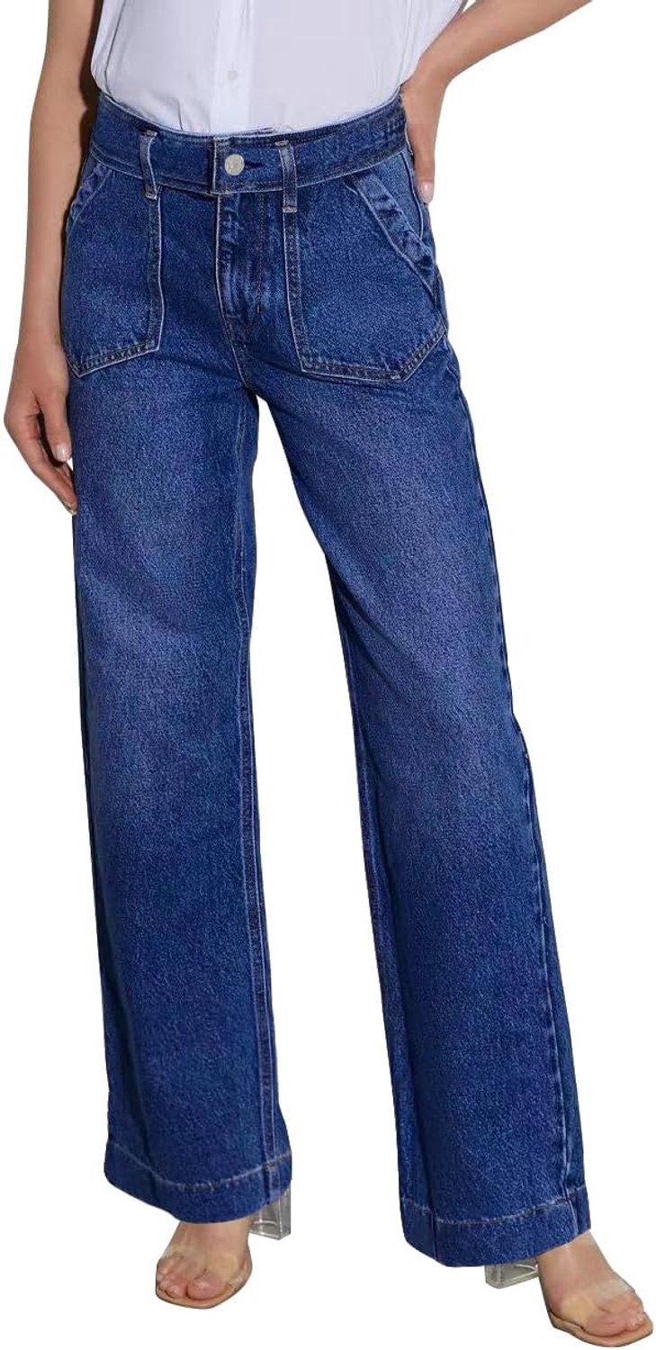 Veelzijdige retro wijde pijpen broek herfst en winter mode jeans elegant dragen rechte broek, blauw, M