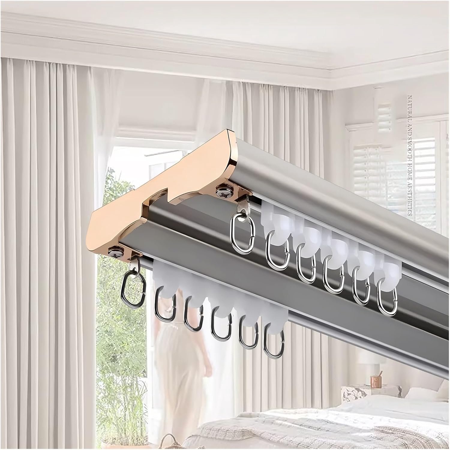 Dubbele gordijnroede set 48-180 inch - metalen rail voor plafondmontage met clips voor dikke gordijnen - stijlvol grijs siames ontwerp voor elegante woondecoratie