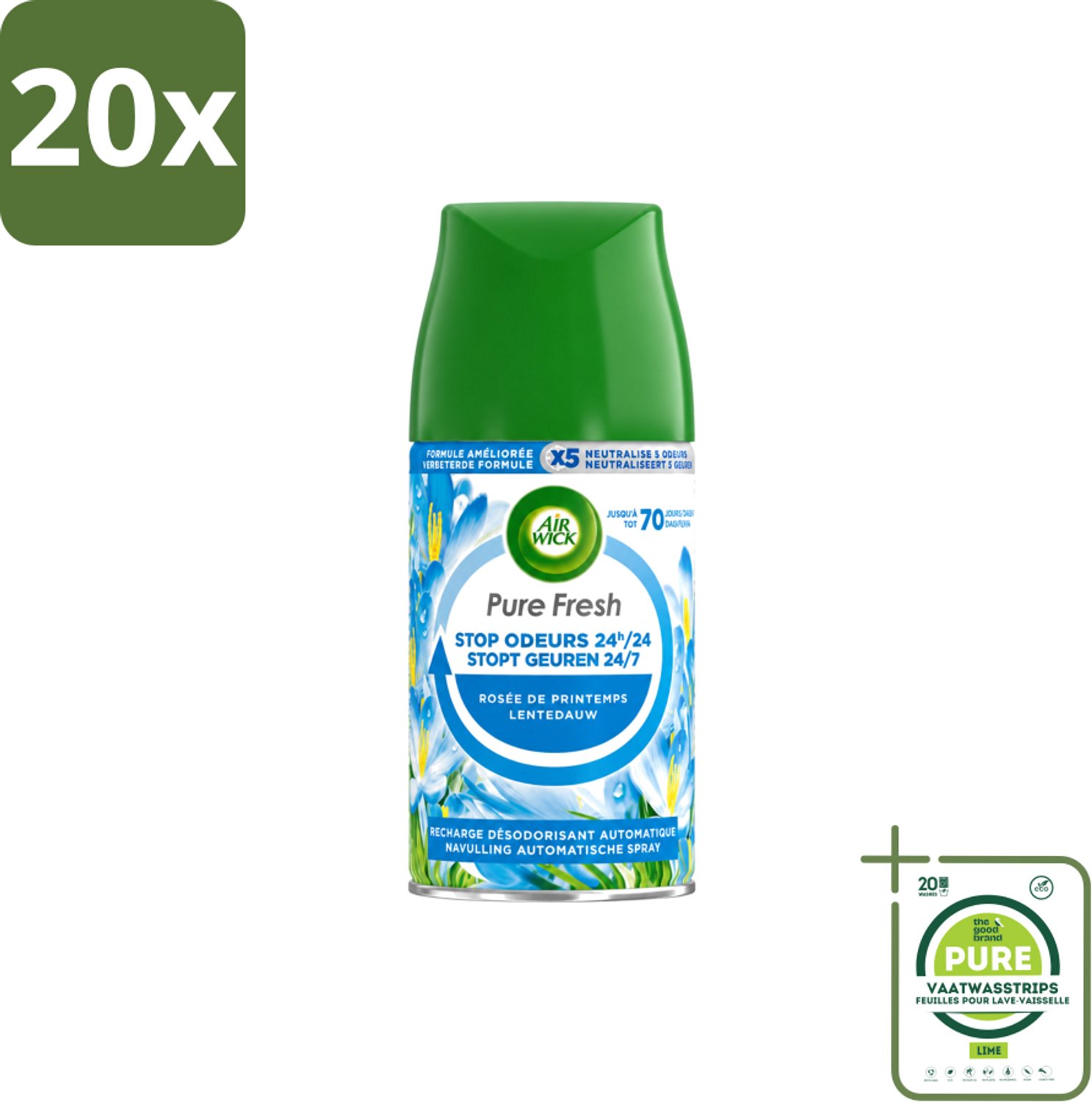 20 x Air Wick – Navulling – Freshmatic Pure Lentedauw – 250 ml - Grootverpakking - Vaatwasstrips - Lentedauw - Geur - Parfum - Geurverspreiding - Geurneutralisatie