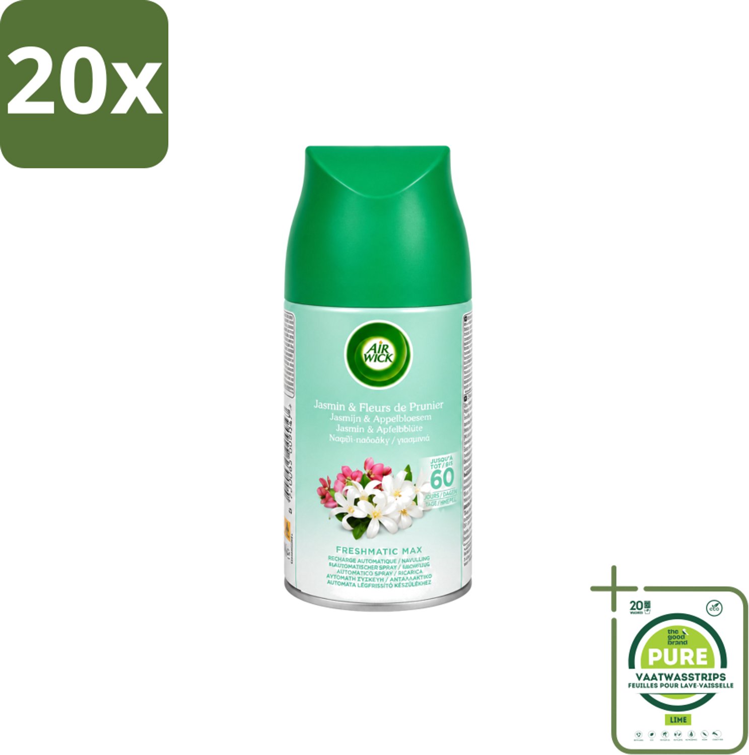 20 x Air Wick – Navulling – Freshmatic Jasmijn & Appelbloesem – 250 ml - Grootverpakking - Vaatwasstrips - Lentedauw - Geur - Geurverspreiding - Geurneutralisatie - Parfum