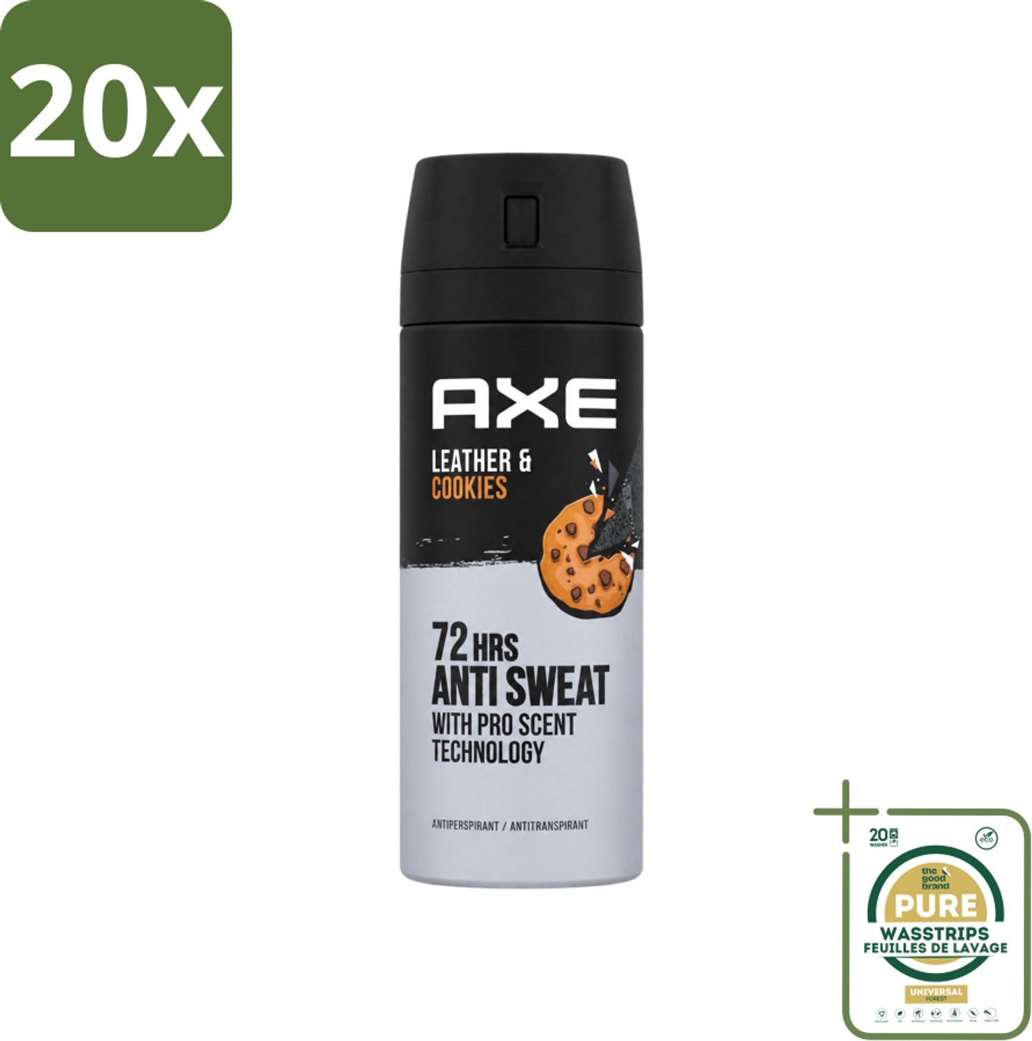 20 x Axe - Deodorant Spray - 72hrs Anti Sweat - Leather & Cookies - 150 ml - Wasstrips - 72 Uur Anti Zweet - Deodorant Spray - Zweetbestendig - Leer En Koekjes Geur - Langdurige Frisheid
