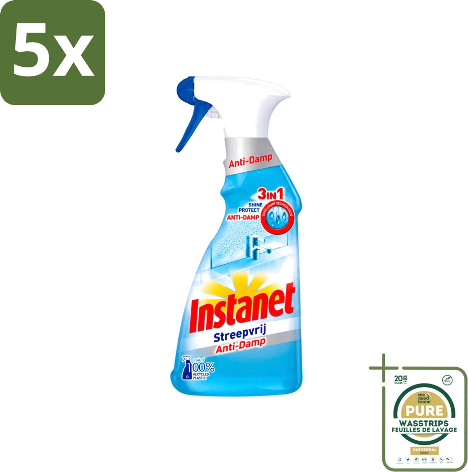 5 x Instanet - Schoonmaakspray - Anti-Damp - Streepvrij - 3in1 - 500 ml - Wasstrips - Schoonmaak Spray - Anti-damp - Streepvrij - Ramen Reinigen - Glanzend Resultaat