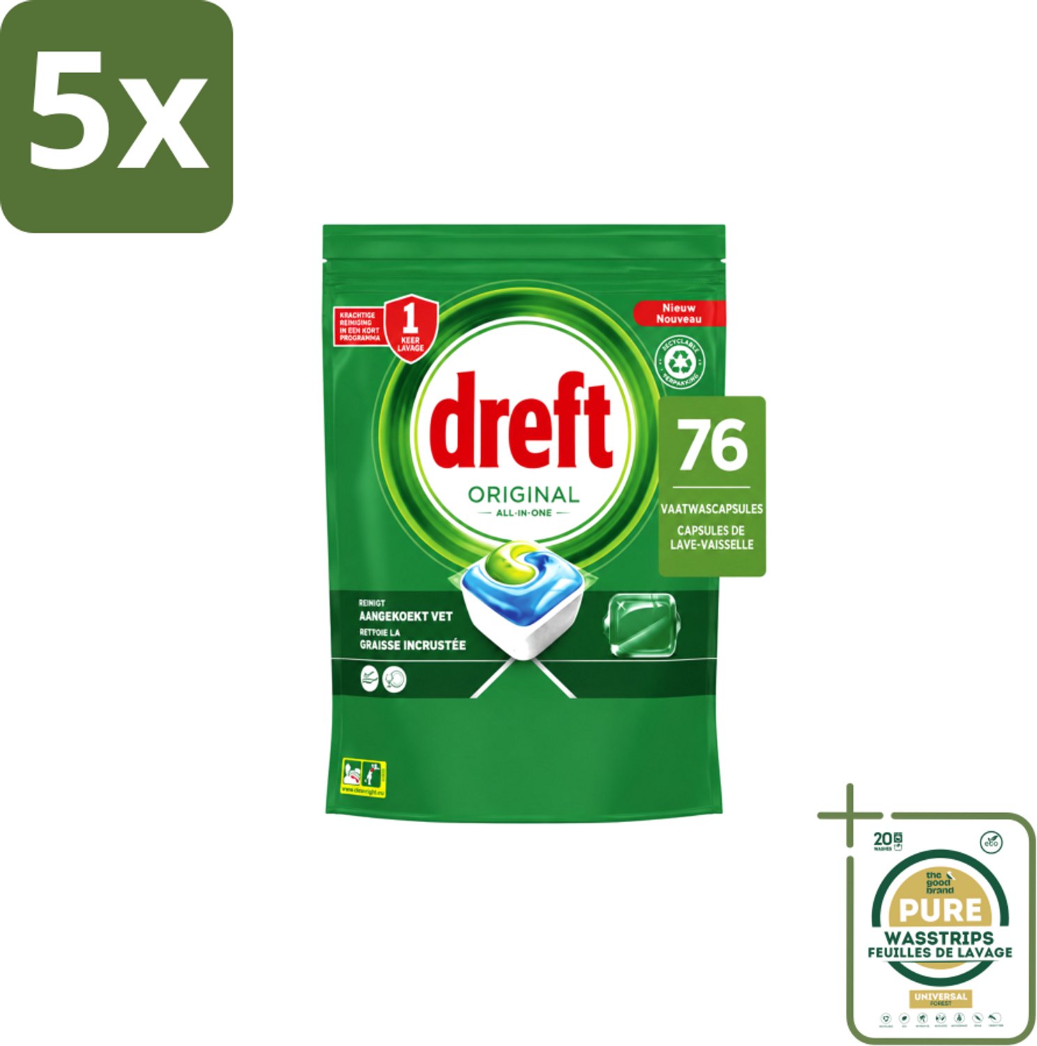 5 x Dreft – Vaatwascapsules – Original All-in-One – 76 Capsules - Wasstrips - Vaatwassen - Vaatwascapsules - Reinigingscapsule - Vaatwasser - Vetoplossing