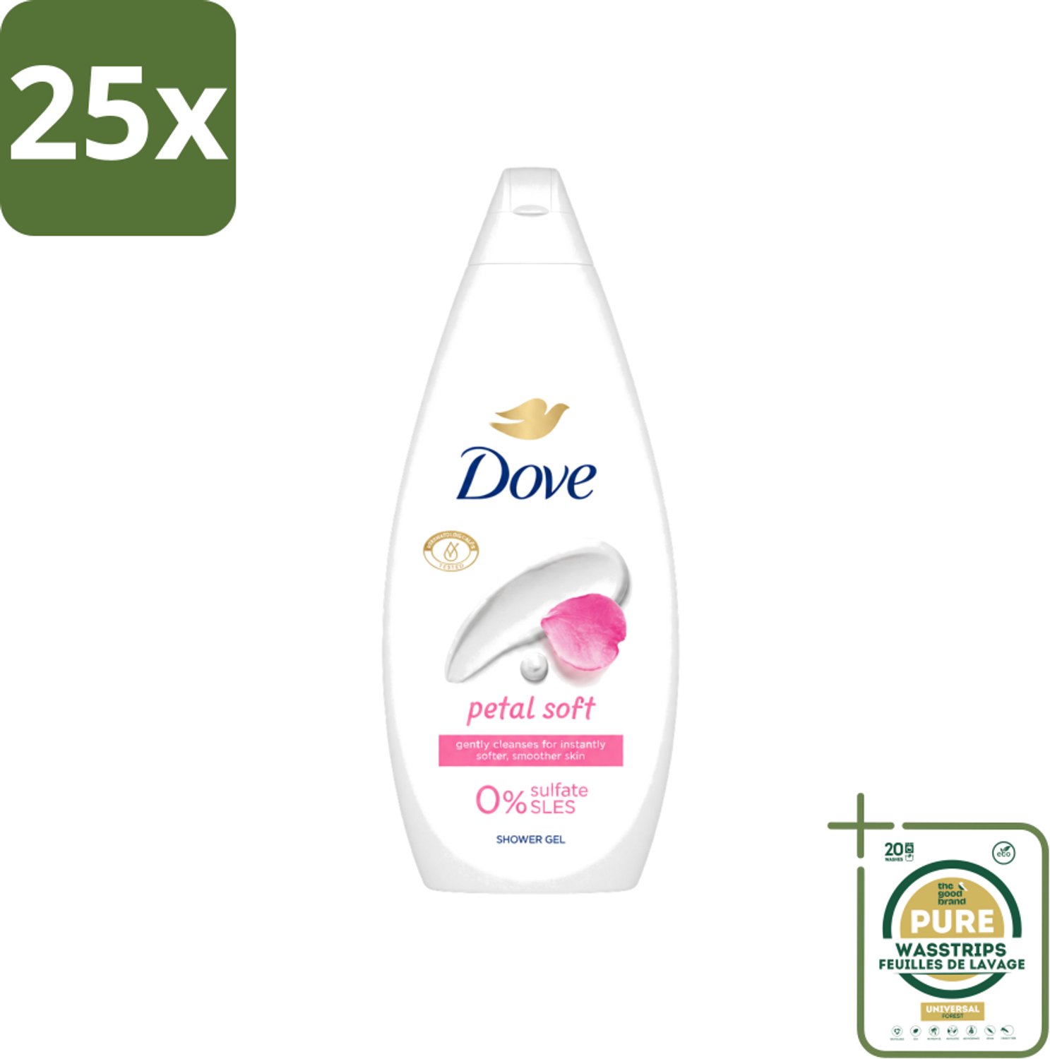 25 x Dove Petal Soft - Douchegel - Sulfaatvrij - 250 ml - Wasstrips - Douchegele - Zachte Reiniging - Hydratatie - Bloemige Geur - Sulfaatvrije
