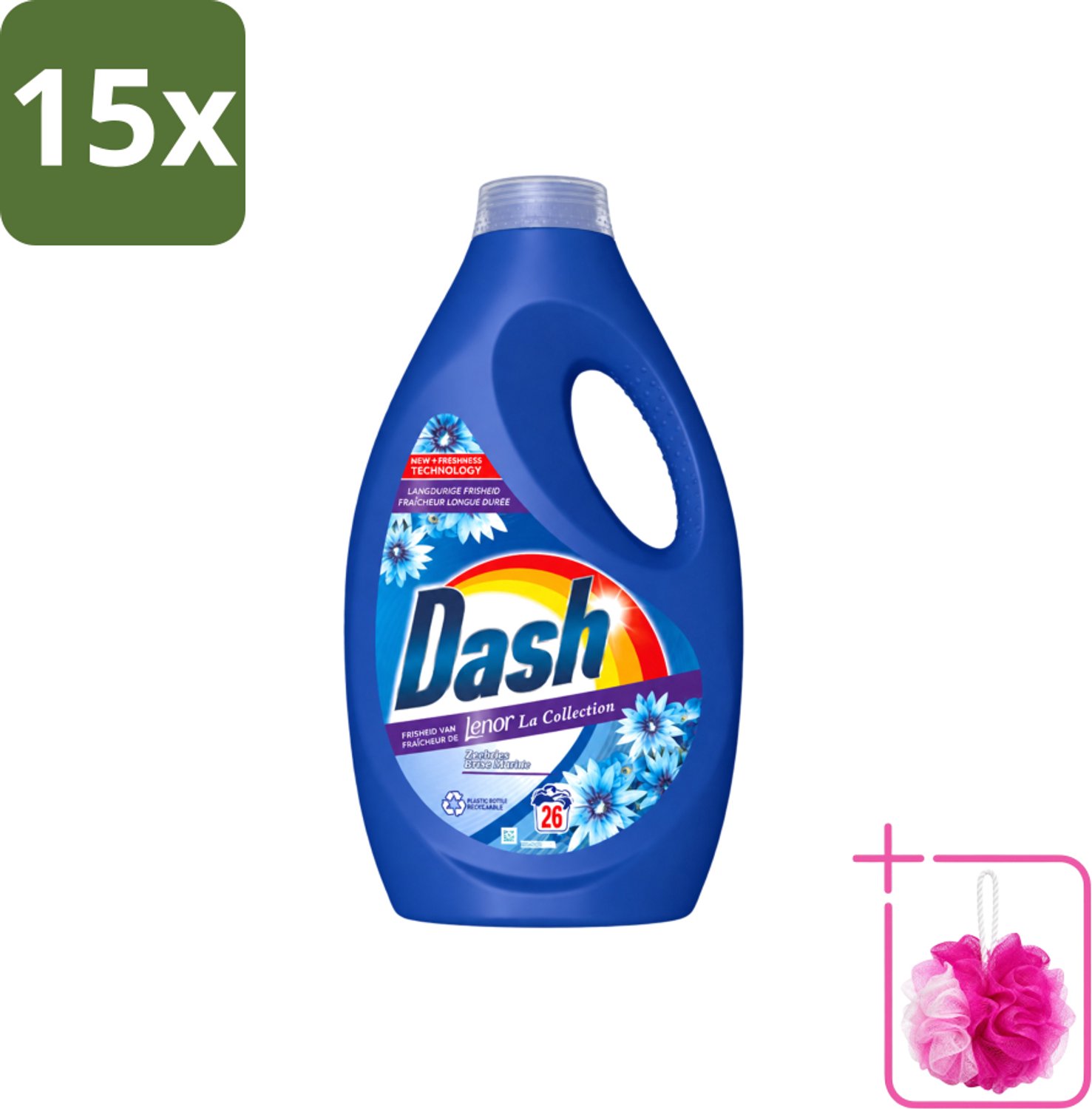 15 x Dash - Lenor Collectie - Vloeibaar Wasmiddel - Witte en Gekleurde Was - Zeebries - 26 Wasbeurten - Bulkverpakking - Wasmiddel - Douchemop - Was