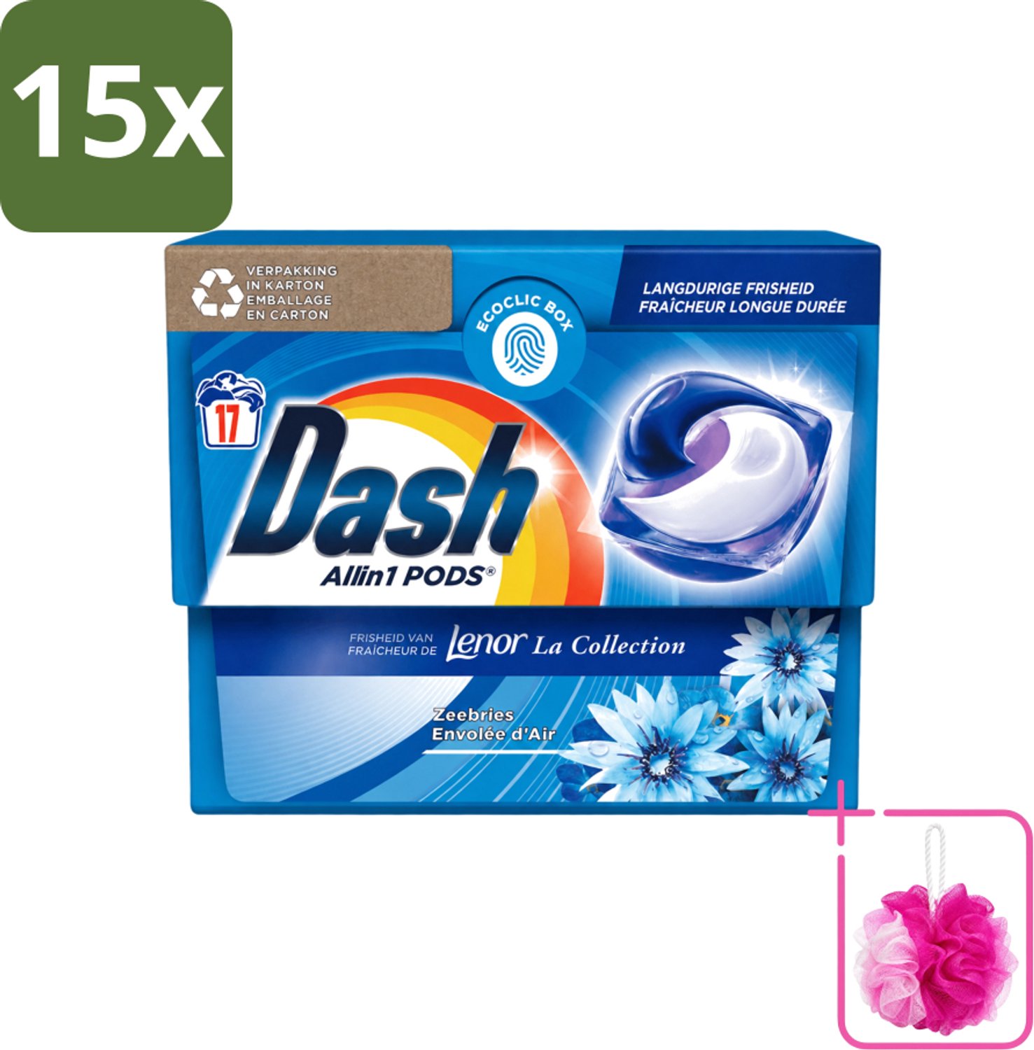 15 x Dash - Lenor Collectie - Wasmiddel Capsules - All-in-1 Pods - Witte en Gekleurde Was - Zeebries - 17 Wasbeurten - Bulkverpakking - Wasmiddel capsules - Douchemop - Zeebries geur
