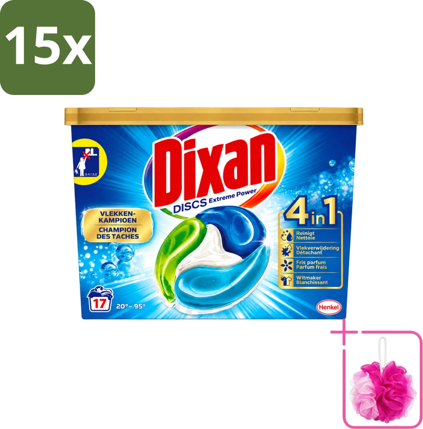 15 x Dixan Discs - Wasmiddelcapsules en Vlekverwijderaar - Extreme Power - Witte, Gekleurde & Zwarte Was - 17 Wasbeurten - Bulkverpakking - Wasmiddelcapsules - Douchemop - Vlekverwijderaar