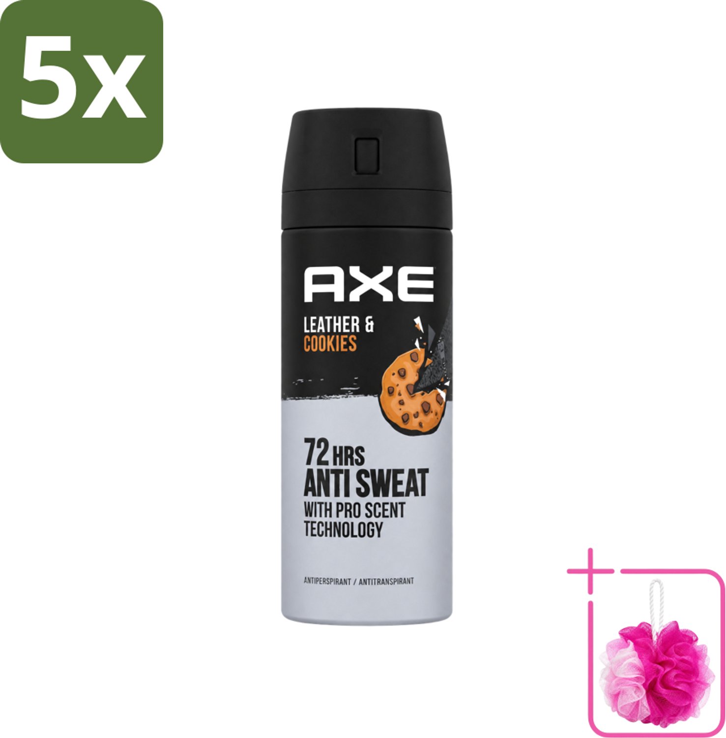 5 x Axe - Deodorant Spray - 72hrs Anti Sweat - Leather & Cookies - 150 ml - Bulkverpakking - 72 uur anti zweet - Douchemop - Deodorant spray
