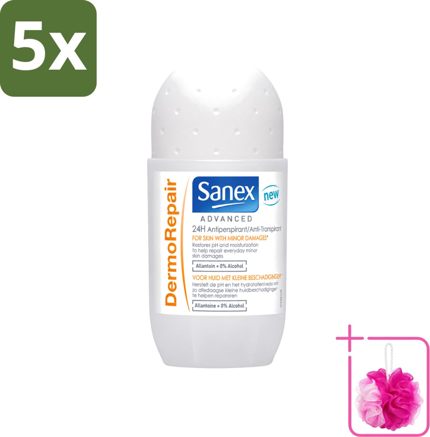 5 x Sanex Advanced - Dermo Repair - Deodorant Roller - 24h Anti-Transpirant - 0% Alcohol - 50 ml - Bulkverpakking - 24h anti-transpirant - Douchemop - Huidherstel