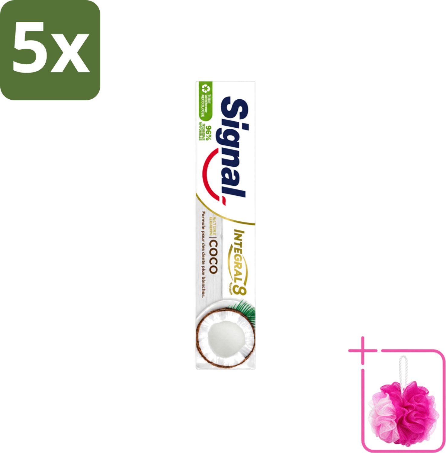 5 x Signal - Integral & Actions - Tandpasta - Natuurlijke Elementen - Kokos - Voor Witte Tanden - 75 ml - Bulkverpakking - Tandpasta - Douchemop - Natuurlijke tandpasta